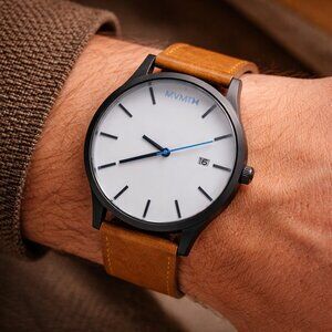 MVMT Minimalist Watch Black Case White Dial Blue Second Hand 42mm Real Leather
